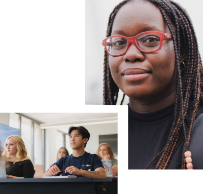 collage of students in classroom and portrait of student